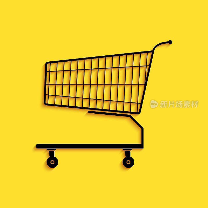 Black Shopping cart icon isolated on yellow background. Online buying concept. Delivery service sign. Supermarket basket symbol. Long shadow style. Vector